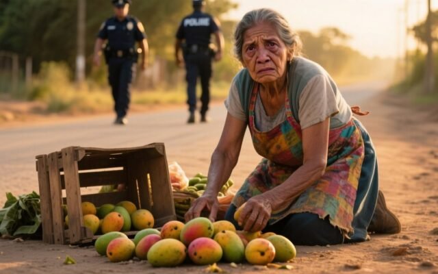 Anciana vendedora de frutas junto a su puesto de mangos en un camino de tierra tras ser destruido por policías