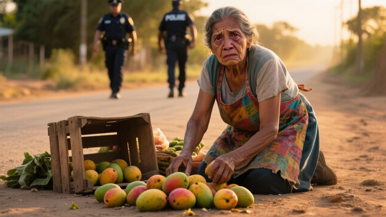 Anciana vendedora de frutas junto a su puesto de mangos en un camino de tierra tras ser destruido por policías