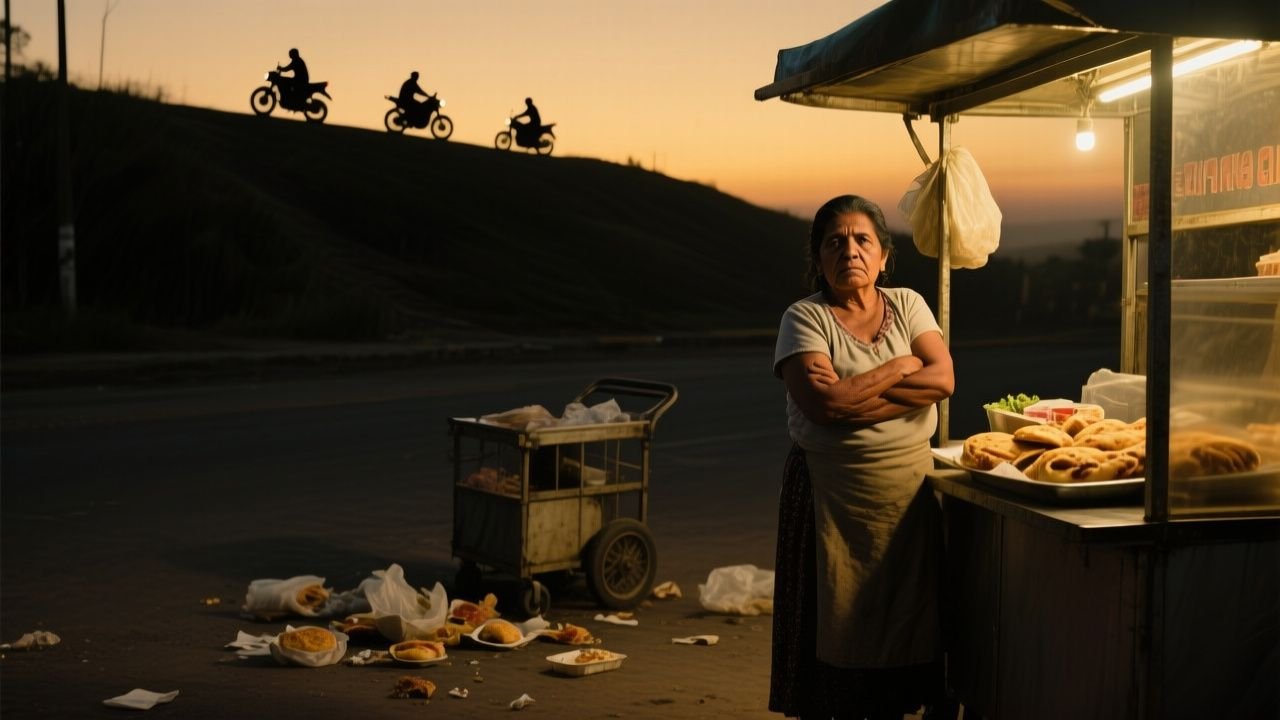 Vendedora de empanadas junto a su carrito en una esquina de barrio, rodeada de motociclistas y empanadas destruidas en el sue