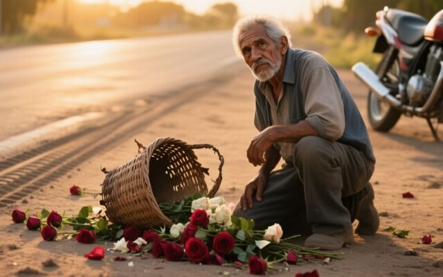 Anciano vendedor de rosas con sombrero de paja y canasto de mimbre junto a un motociclista en la carretera