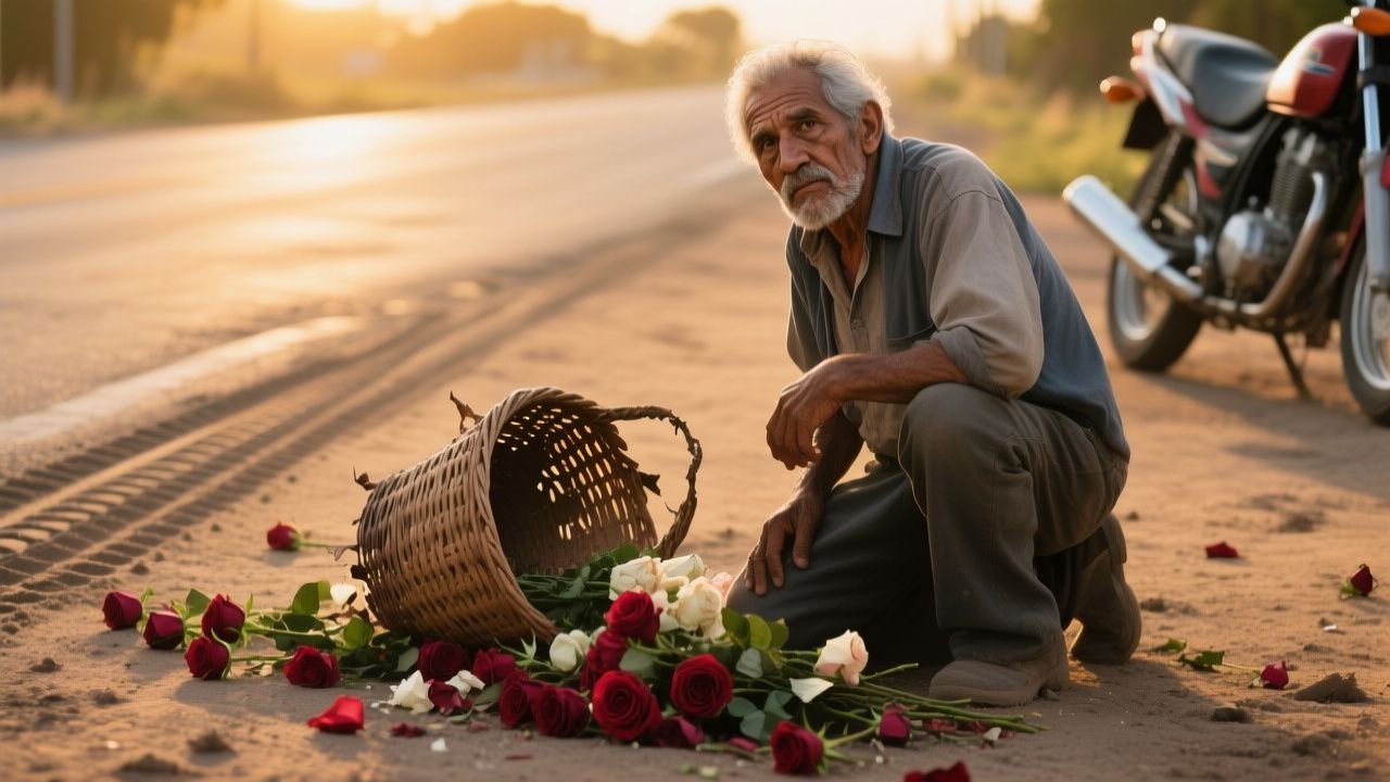 Anciano vendedor de rosas con sombrero de paja y canasto de mimbre junto a un motociclista en la carretera