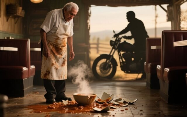 Anciano cocinero con delantal azul sirviendo guiso de res en plato de barro en su comedor de carretera