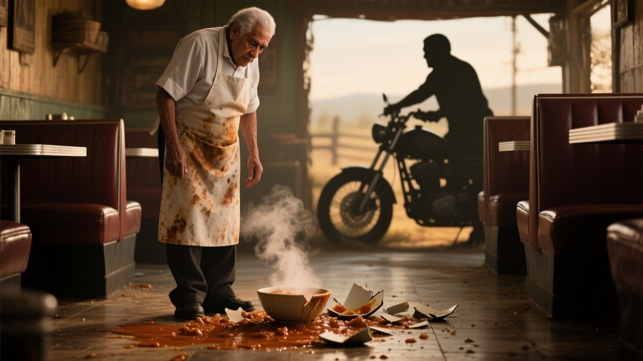 Anciano cocinero con delantal azul sirviendo guiso de res en plato de barro en su comedor de carretera