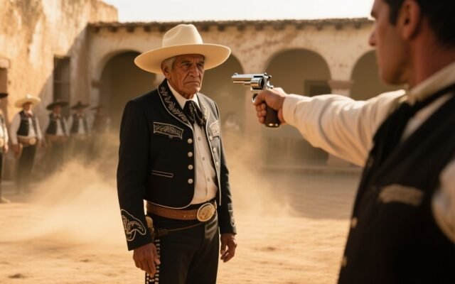 Patrón norteño con sombrero de palma frente al portón verde de la hacienda La Esperanza