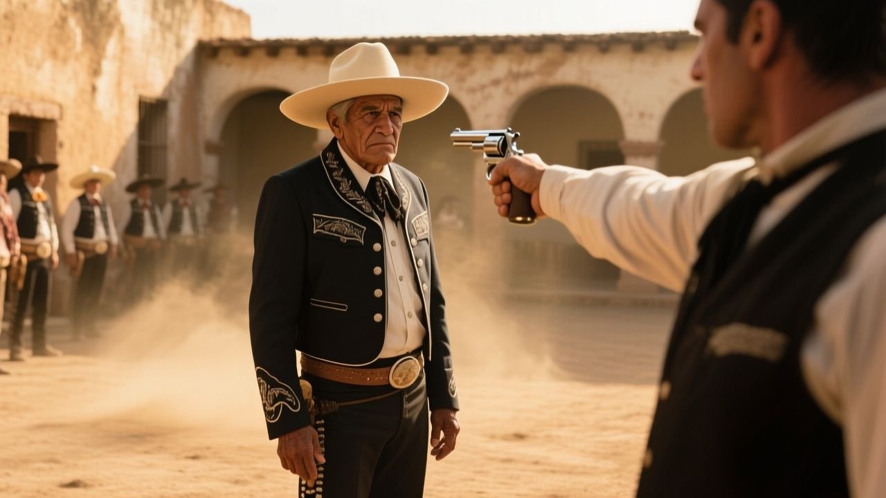 Patrón norteño con sombrero de palma frente al portón verde de la hacienda La Esperanza