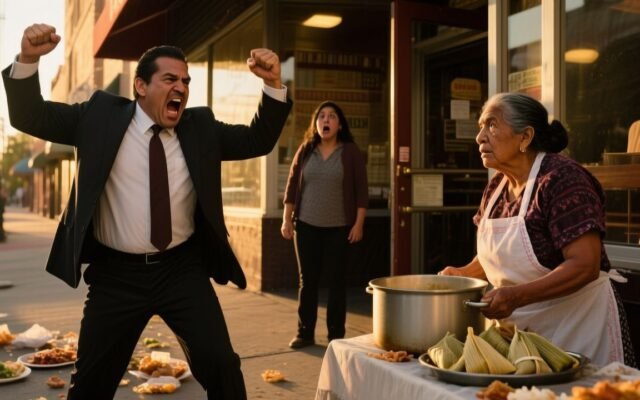 Doña Carmen vendiendo tamales en su puesto de mesa plegable frente al restaurante El Rey del Sabor