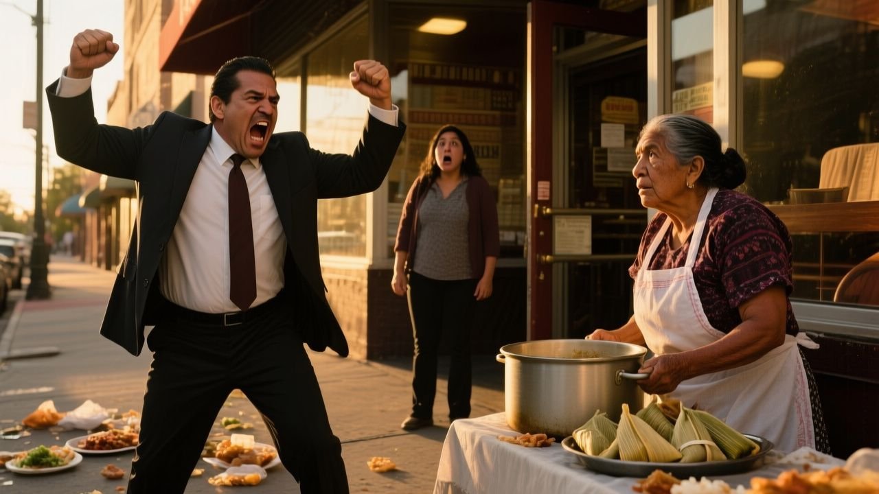 Doña Carmen vendiendo tamales en su puesto de mesa plegable frente al restaurante El Rey del Sabor