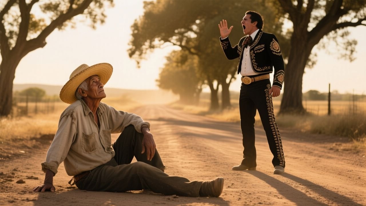 Charro arrogante discutando con anciano de sombrero de palma junto al corral donde está su caballo alazán Lucero