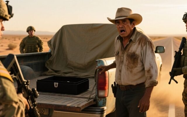 Viejo ranchero junto a su camioneta Ford en una carretera desértica, rodeado de militares armados observando un cofre negro