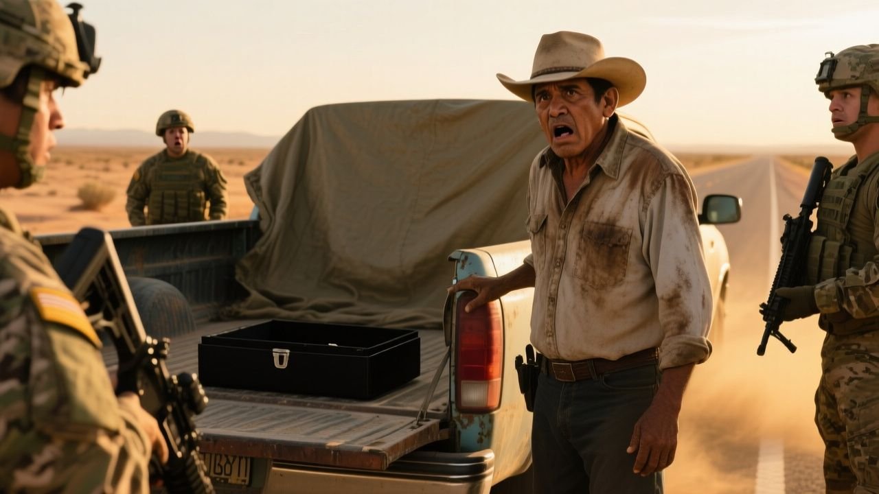 Viejo ranchero junto a su camioneta Ford en una carretera desértica, rodeado de militares armados observando un cofre negro
