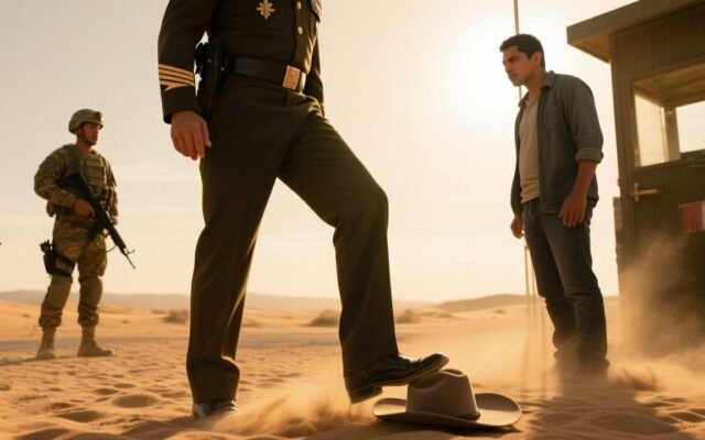 Coronel pisoteando un sombrero de ala ancha en el desierto frente a un líder de cártel durante un retén militar
