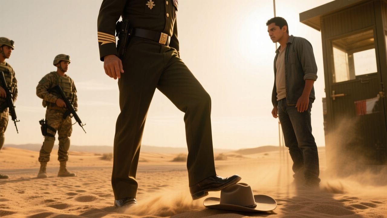 Coronel pisoteando un sombrero de ala ancha en el desierto frente a un líder de cártel durante un retén militar
