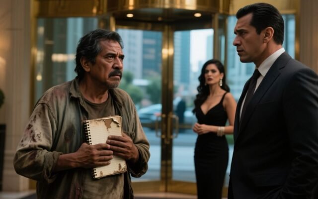 Hombre de aspecto humilde con ropa mojada apretando un cuaderno viejo contra su pecho frente a la entrada de un hotel de lujo