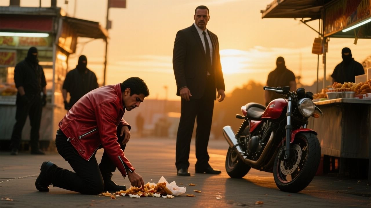 Motociclista de chaqueta roja arrodillado recogiendo su comida del suelo frente a un hombre con pistola