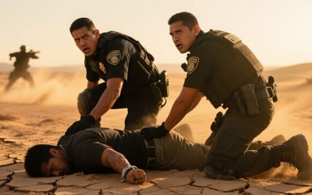 Oficial apuntando con su arma a un criminal arrodillado en el desierto durante un operativo policial