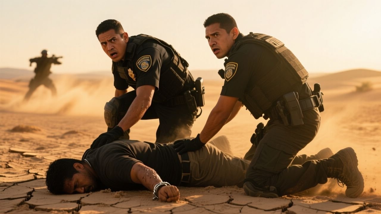 Oficial apuntando con su arma a un criminal arrodillado en el desierto durante un operativo policial