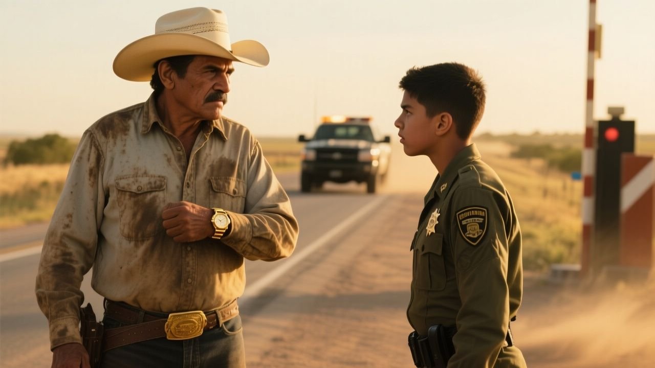 Ranchero veterano defendiendo su reloj de oro de un soldado en un retén militar de la carretera 57