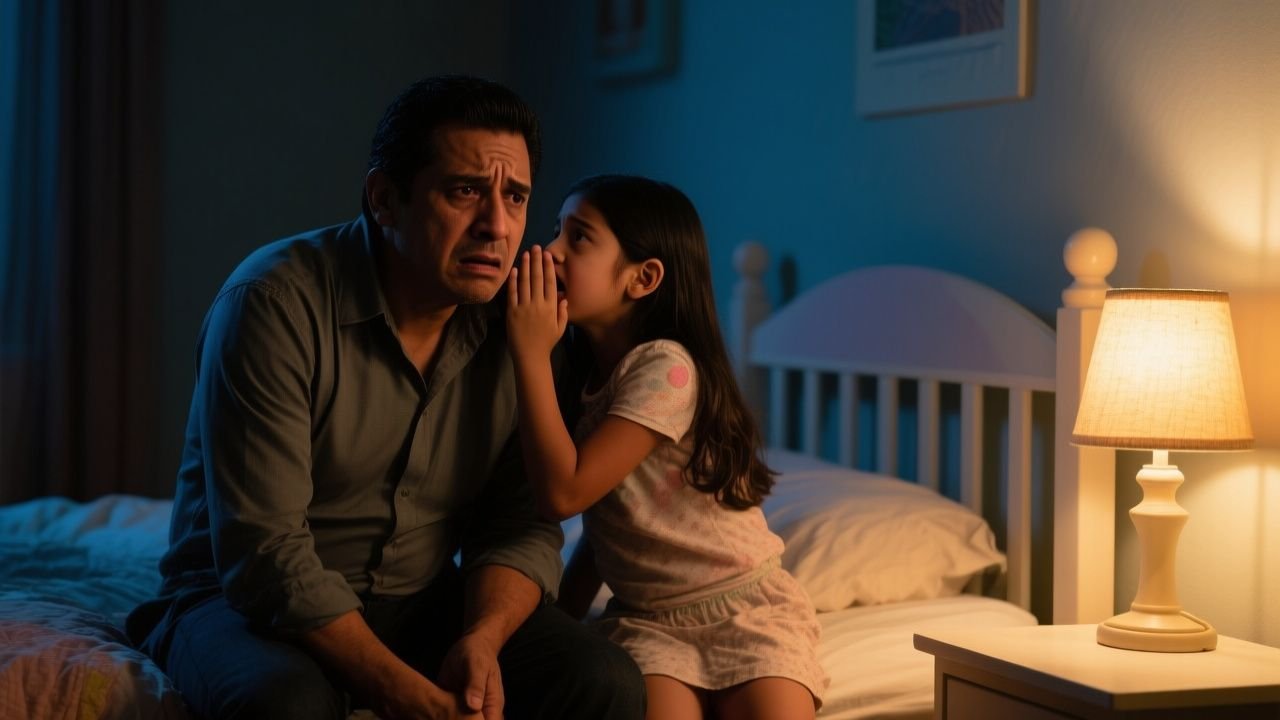 Padre arrodillado frente a su pequeña hija en la habitación, escuchando con atención su confesión sobre el jugo que le da sue