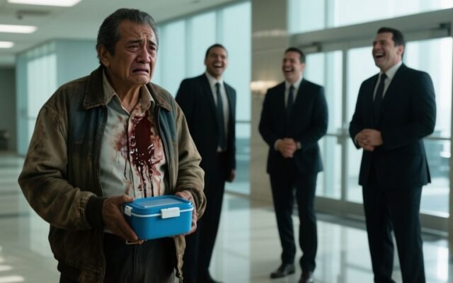 Padre humilde con gorra y morral llevando un termo azul de almuerzo a su hijo en un edificio corporativo