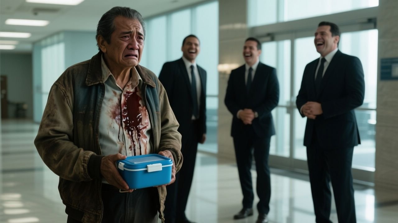 Padre humilde con gorra y morral llevando un termo azul de almuerzo a su hijo en un edificio corporativo