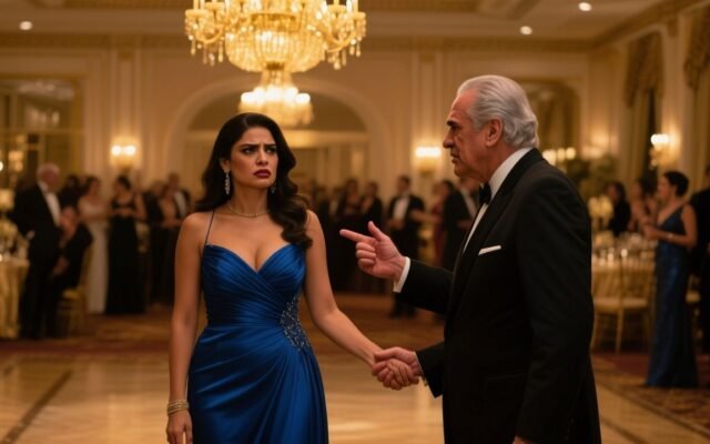 Elena con vestido azul noche y aretes de perlas de pie en el salón dorado del Hotel Miramar durante la gala benéfica