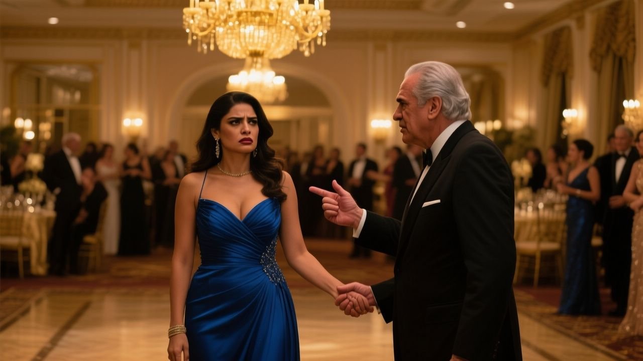 Elena con vestido azul noche y aretes de perlas de pie en el salón dorado del Hotel Miramar durante la gala benéfica