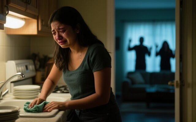 Mujer limpiando en silencio en una cocina mientras se escuchan gritos desde la sala de eventos