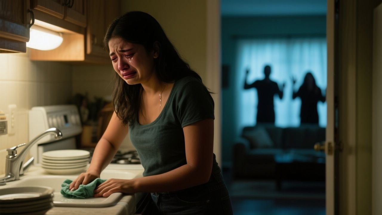 Mujer limpiando en silencio en una cocina mientras se escuchan gritos desde la sala de eventos