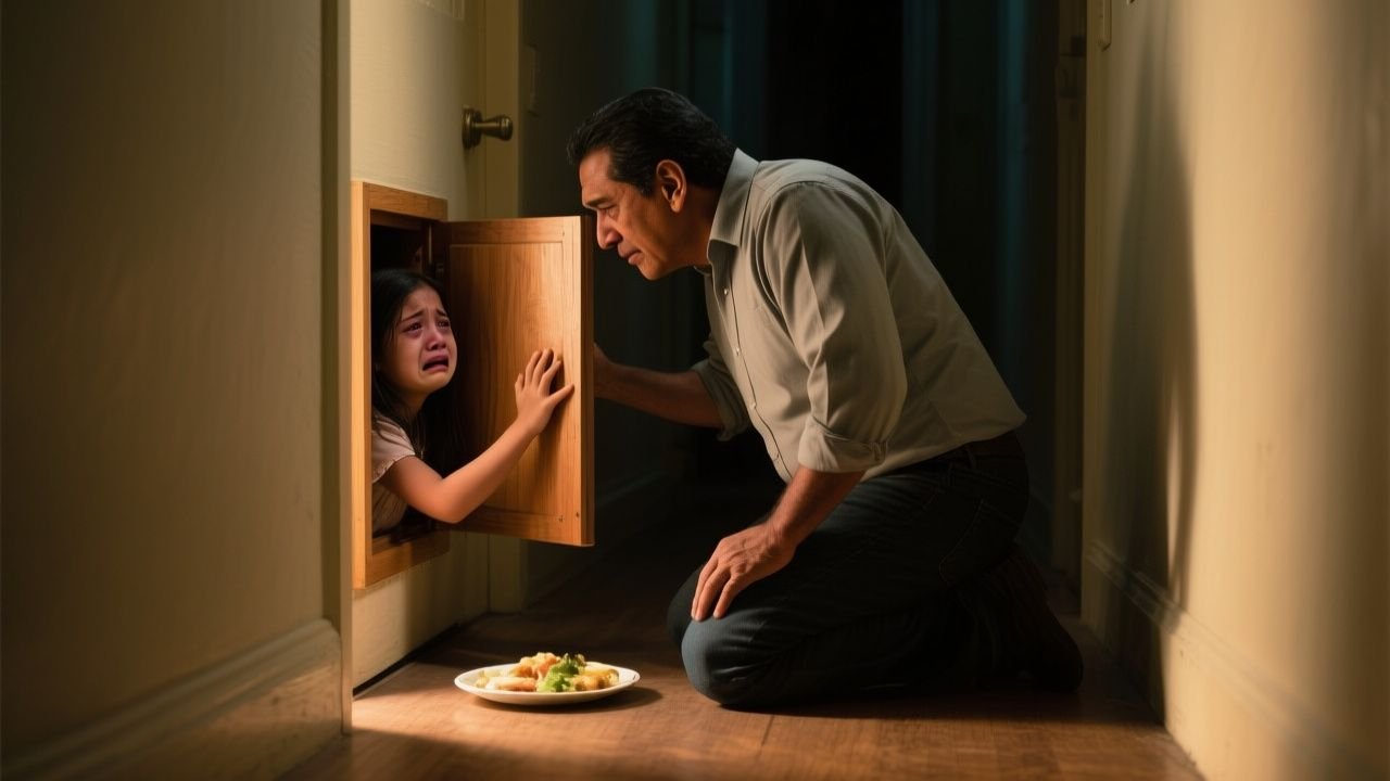 Hombre arrodillado frente a una compuerta de madera en el pasillo mientras su hija pequeña observa con un plato de comida en