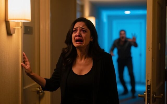 Mujer sorprendida abriendo la puerta de una habitación de hotel y descubriendo una traición