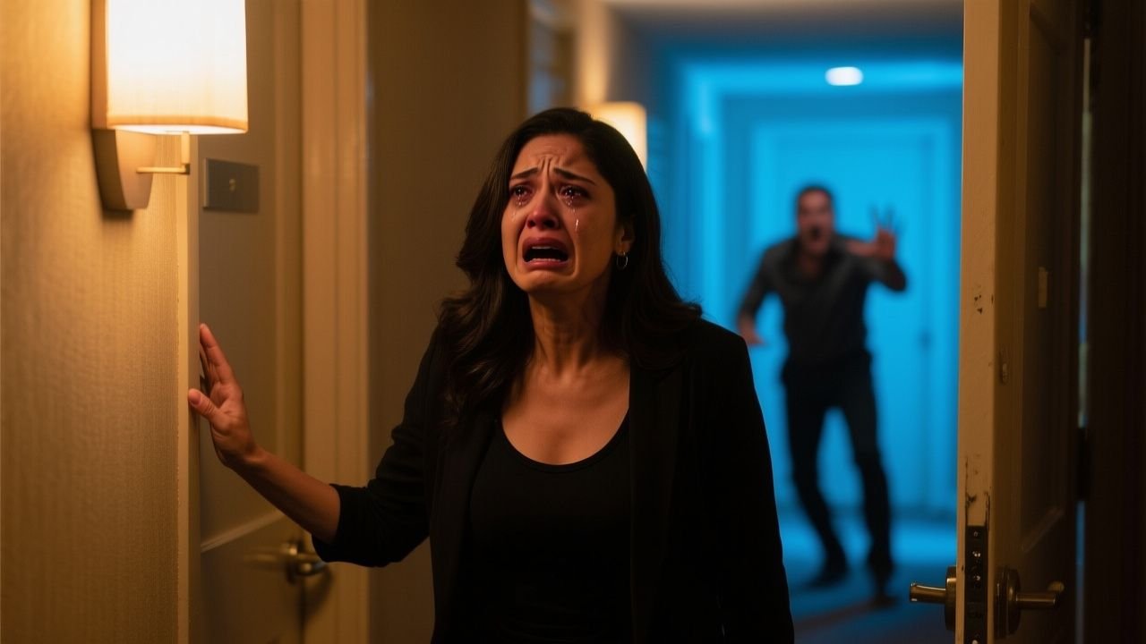Mujer sorprendida abriendo la puerta de una habitación de hotel y descubriendo una traición