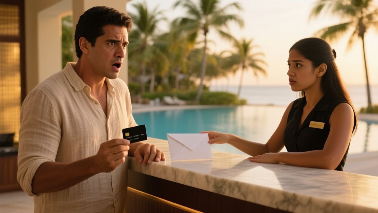Recepción de hotel de lujo con recepcionista entregando un sobre cerrado a un hombre sorprendido