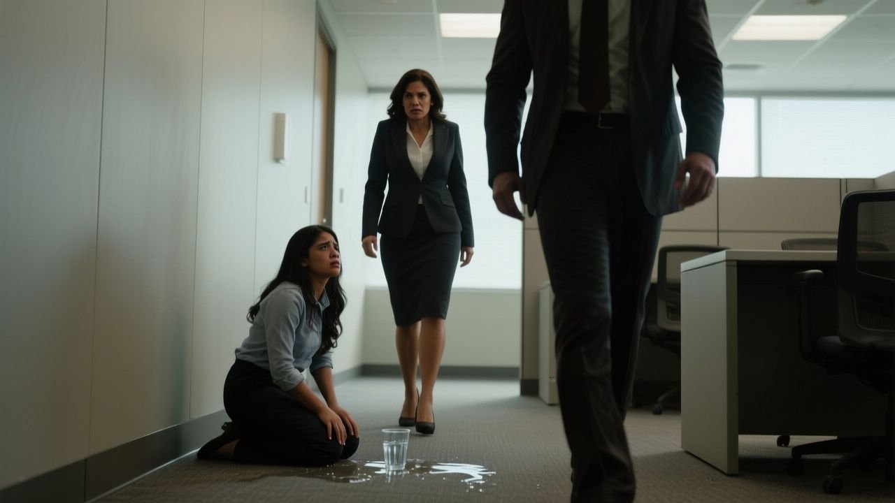 Empleada arrodillada junto a un vaso roto en el suelo de la sala de descanso mientras su jefe la observa con sonrisa arrogant