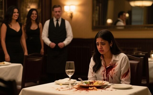 Mujer joven con blusa crema manchada de pasta sentada en la mesa 7 de un restaurante junto a la ventana