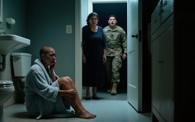 Militar sorprendido frente a su esposa rapada llorando y su madre de brazos cruzados en el baño