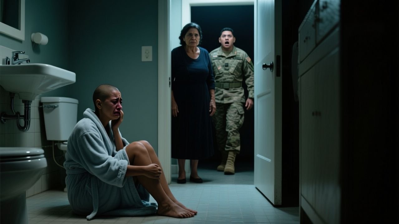 Militar sorprendido frente a su esposa rapada llorando y su madre de brazos cruzados en el baño