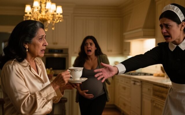 Taza de loza blanca con borde dorado sobre mesa de cocina, símbolo del conflicto entre doña Elvira y su nuera Claudia.