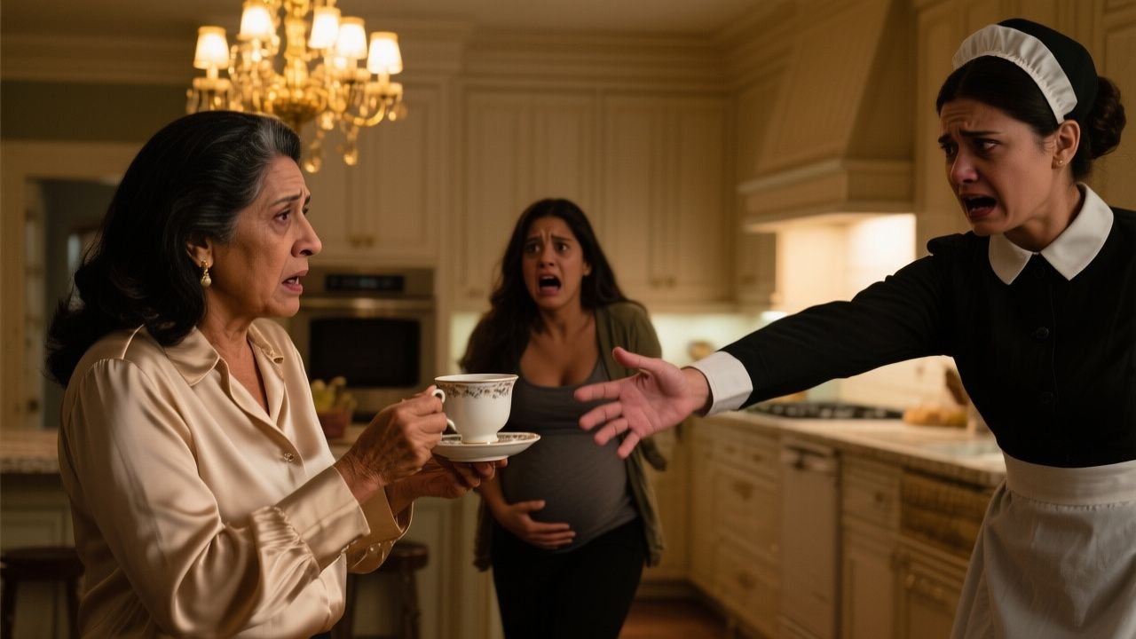 Taza de loza blanca con borde dorado sobre mesa de cocina, símbolo del conflicto entre doña Elvira y su nuera Claudia.