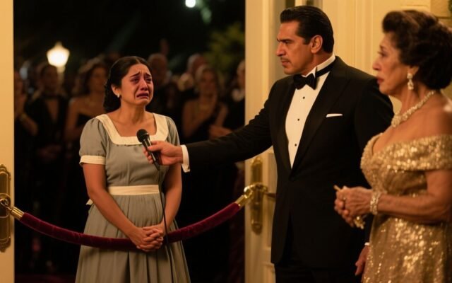 Mujer con vestido verde esmeralda humillada en la puerta de la gala del hotel Ritz mientras su esposo entra sin mirarla