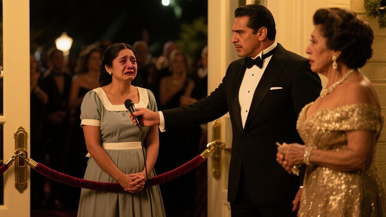 Mujer con vestido verde esmeralda humillada en la puerta de la gala del hotel Ritz mientras su esposo entra sin mirarla