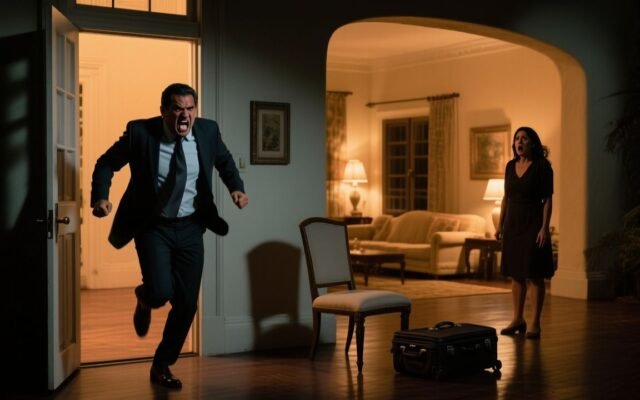 Hombre de negocios llegando de noche a su casa con expresión seria, dispuesto a enfrentar a su esposa por haber echado a su p