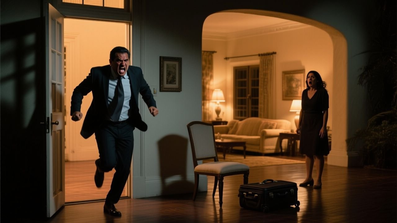 Hombre de negocios llegando de noche a su casa con expresión seria, dispuesto a enfrentar a su esposa por haber echado a su p