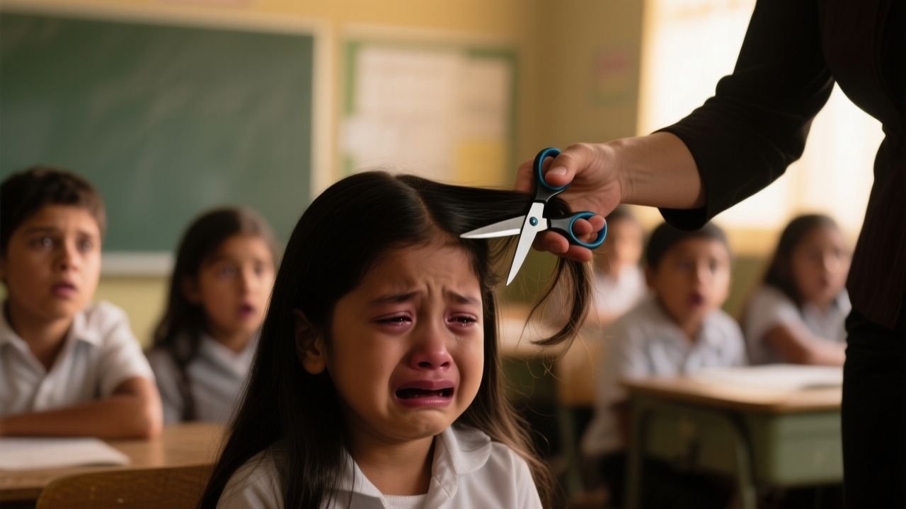 Mechón de cabello negro tirado en el piso de mosaico de un salón de clases, junto a un pupitre escolar