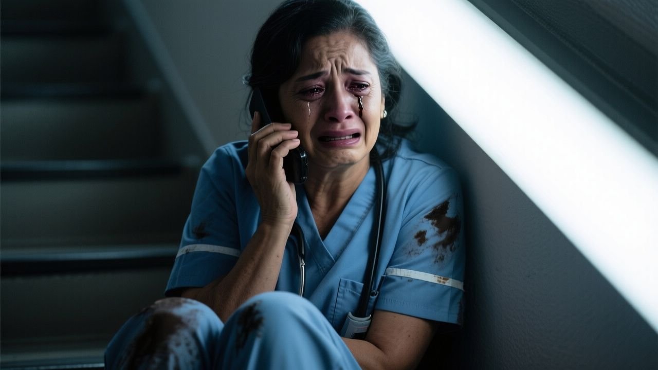 Enfermera con uniforme blanco manchado de café mira su brazo vendado mientras su madre llega al hospital
