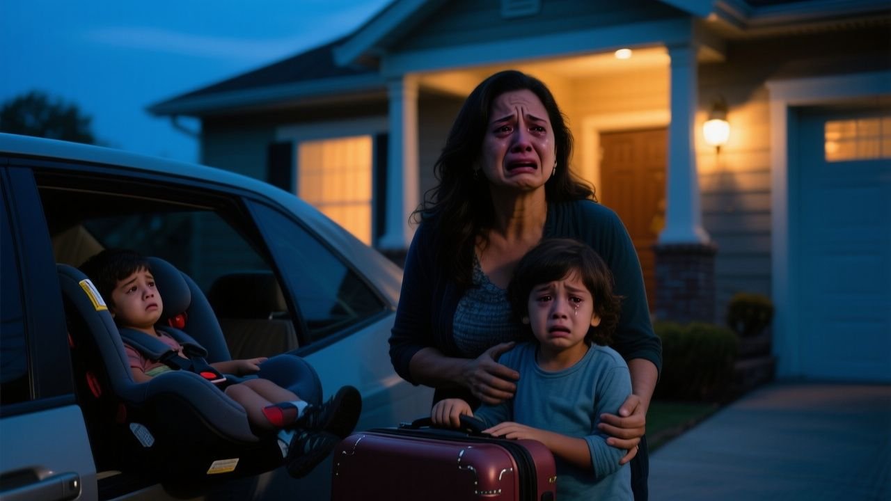 Mujer con sus dos hijos pequeños cargando maletas frente a la puerta de la casa familiar