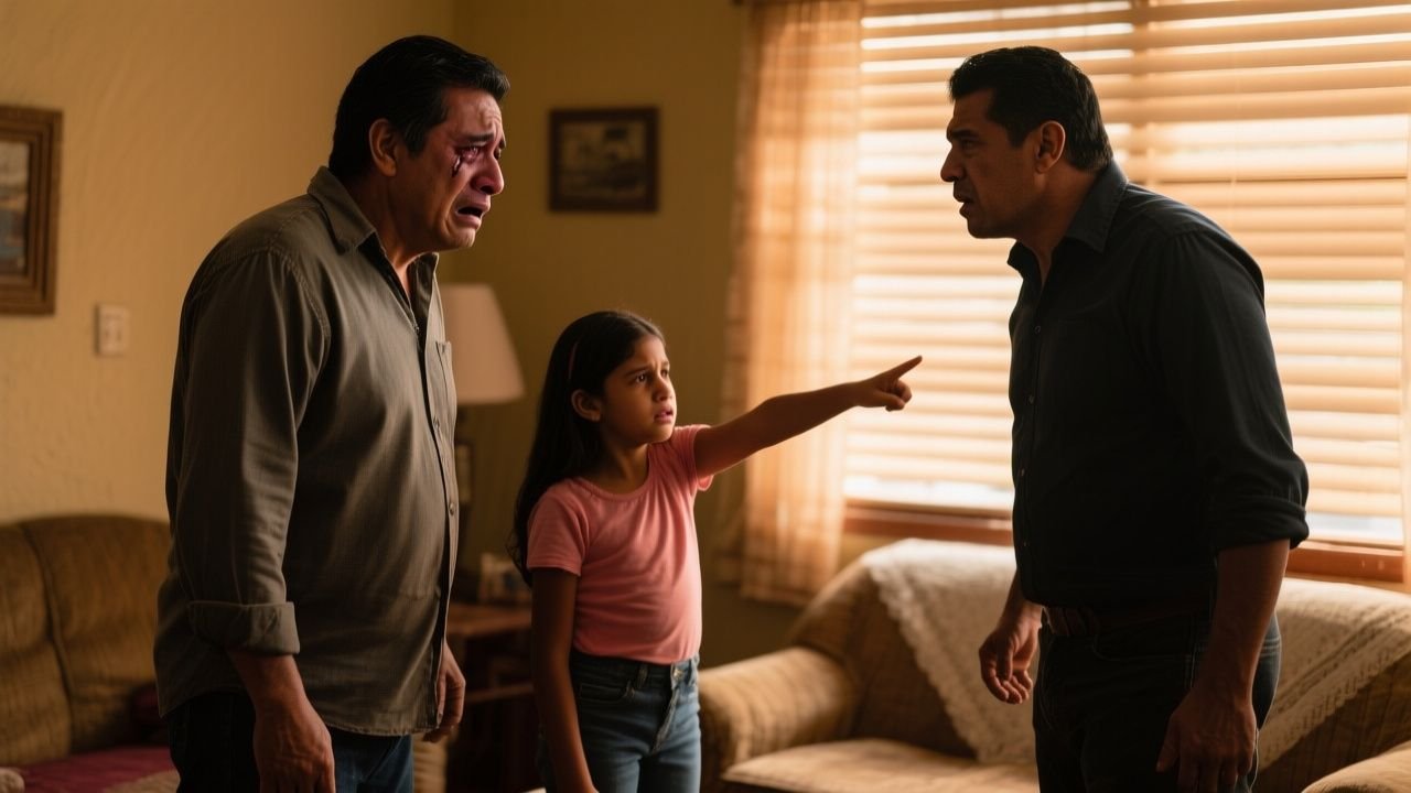 Niña de diez años señalando a su tío en una sala mientras su padre la observa sorprendido