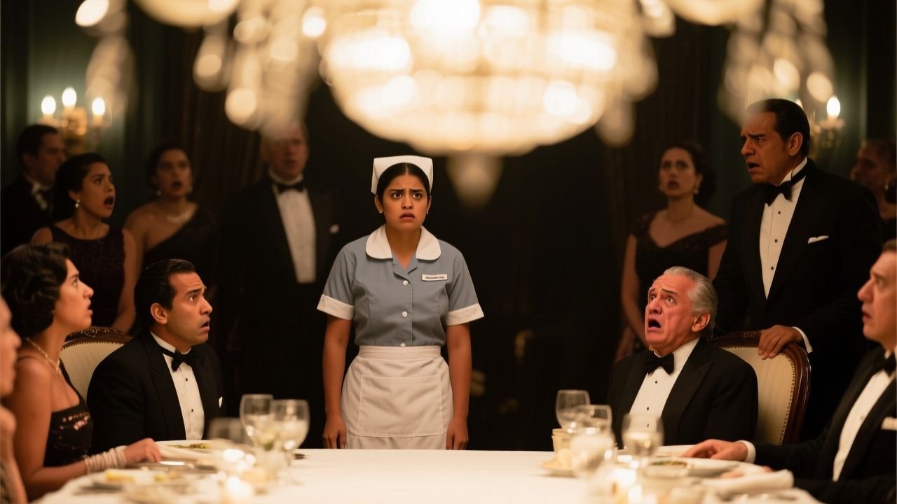 Joven empleada doméstica de pie frente a una mesa de cena elegante, con una fotografía vieja en la mano y mirada decidida.
