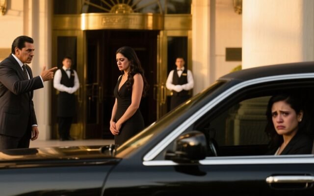 Ricardo Salvatierra humillando a su esposa Valentina en la entrada del Hotel Meridian mientras Amelia Contreras observa desde