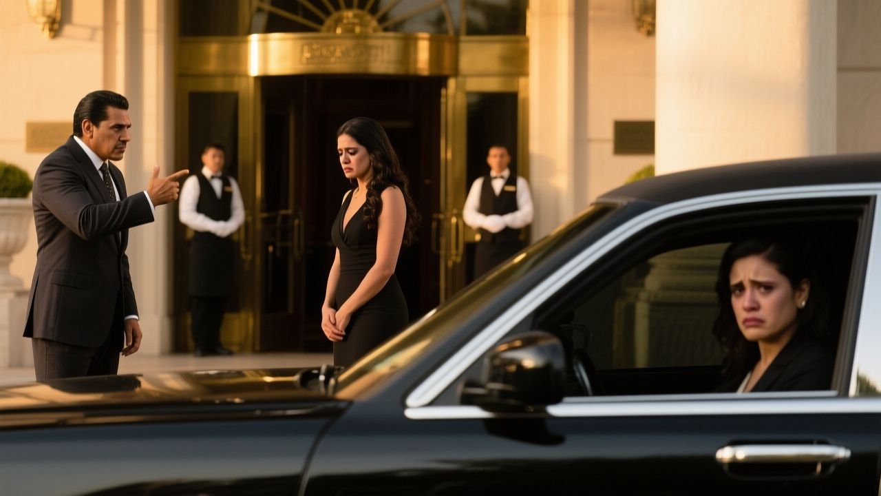 Ricardo Salvatierra humillando a su esposa Valentina en la entrada del Hotel Meridian mientras Amelia Contreras observa desde