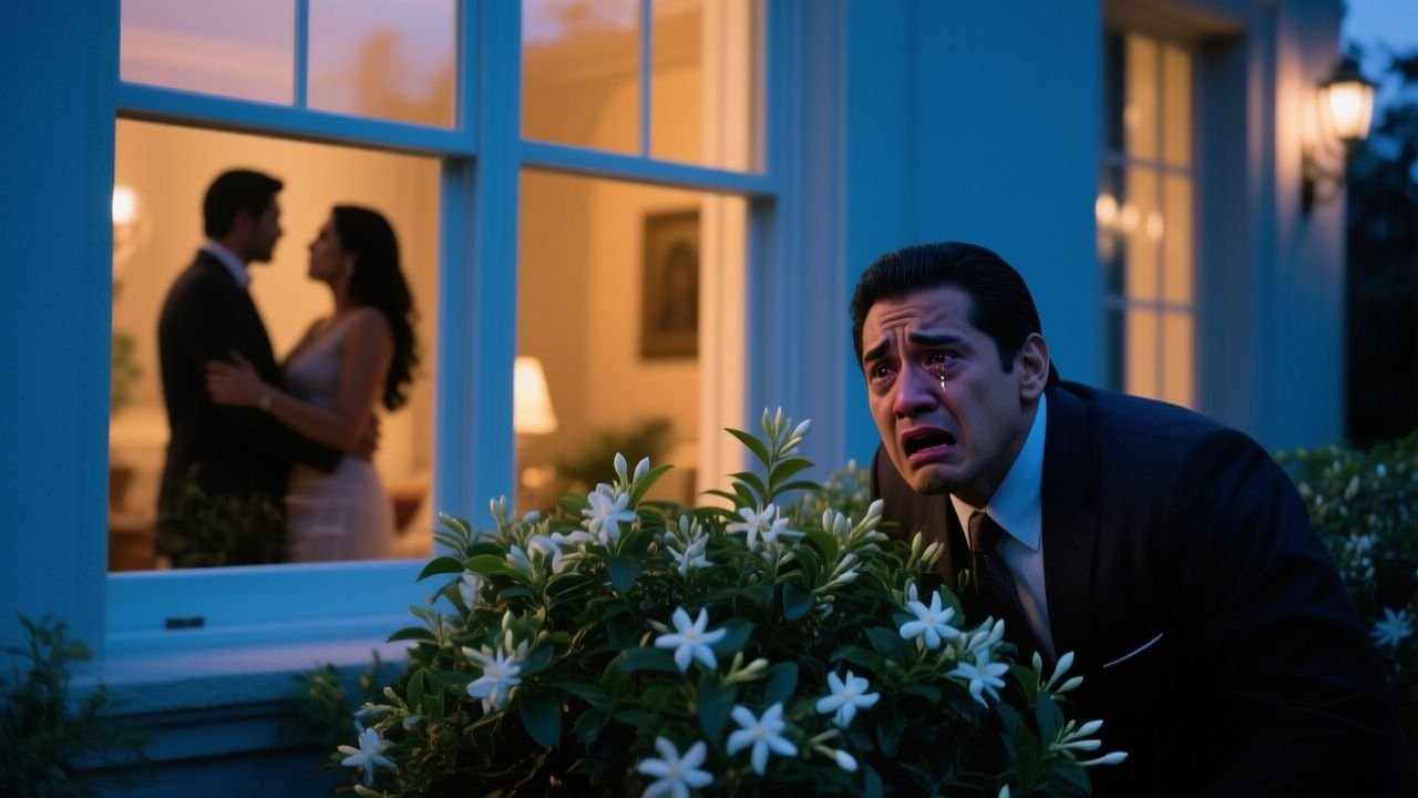 Hombre observando por la ventana del jardín a su esposa abrazada con otro hombre dentro de su mansión